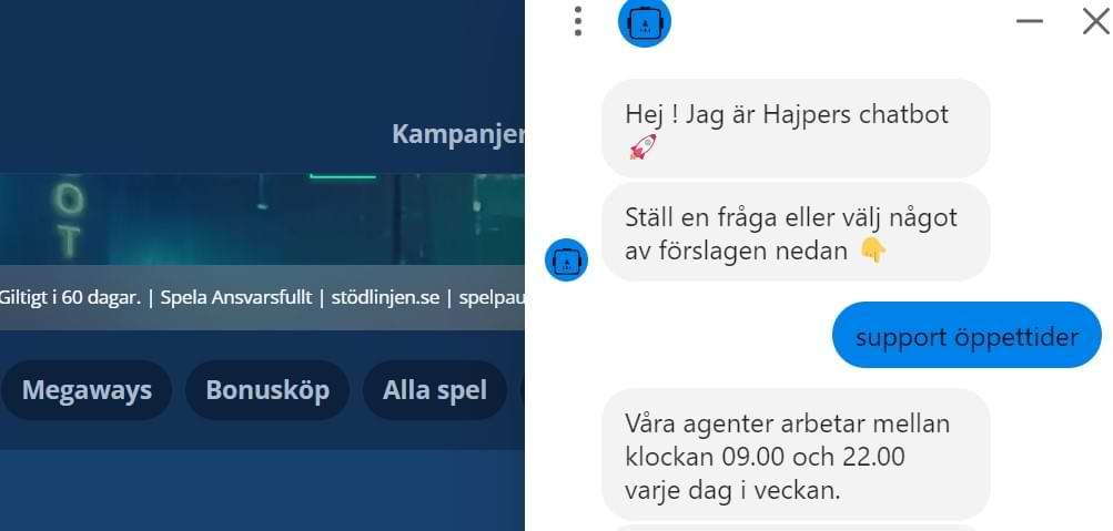 Livechat med text Hajpers chatbot - Hajper casino support