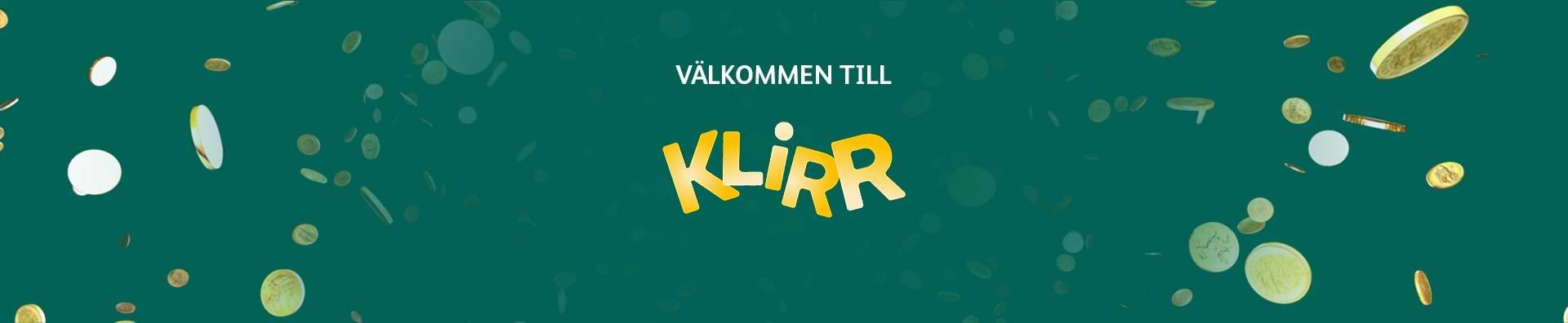 Gron banner med mynt och gul text Klirr Sverige recension