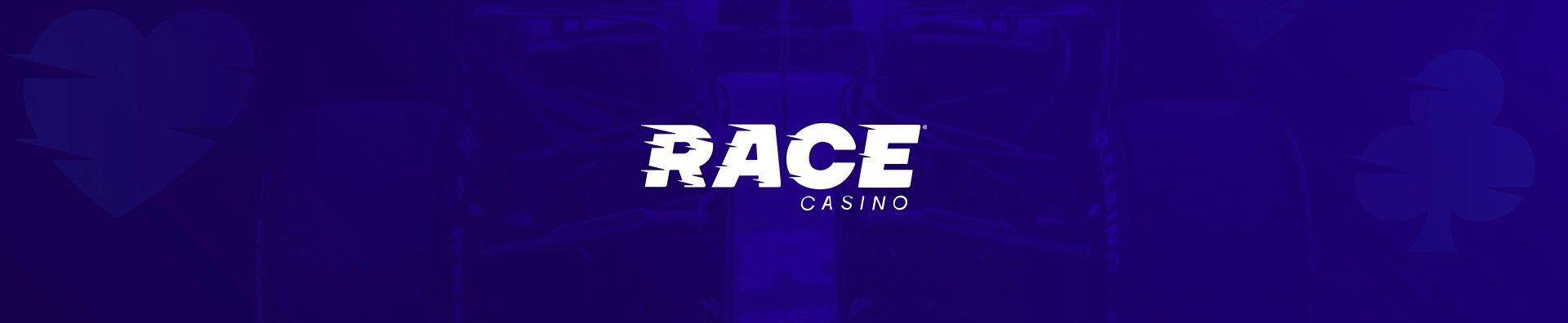 Bla banner med vit text Race Casino
