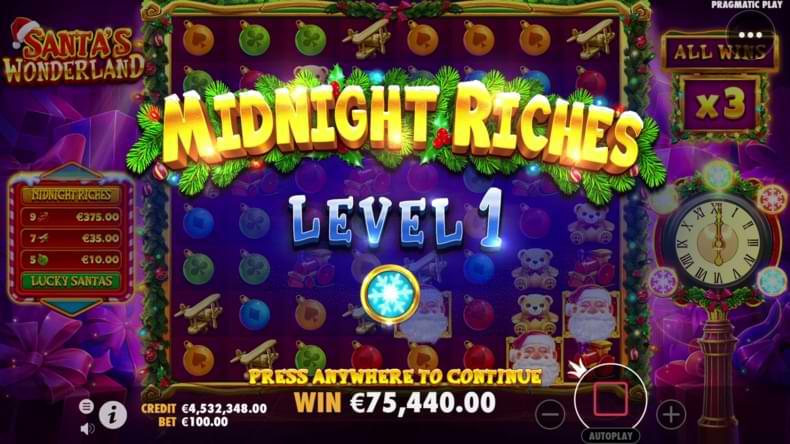 Spelplan niva 1 Midnight Riches i gul text - Santas Wonderland spelautomat