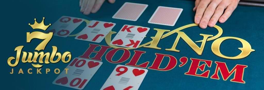 Pokerbord med hander och spelkort - text Casino Holdem 7 Jumbo Jackpot - spelrecension - Evolution Sverige.