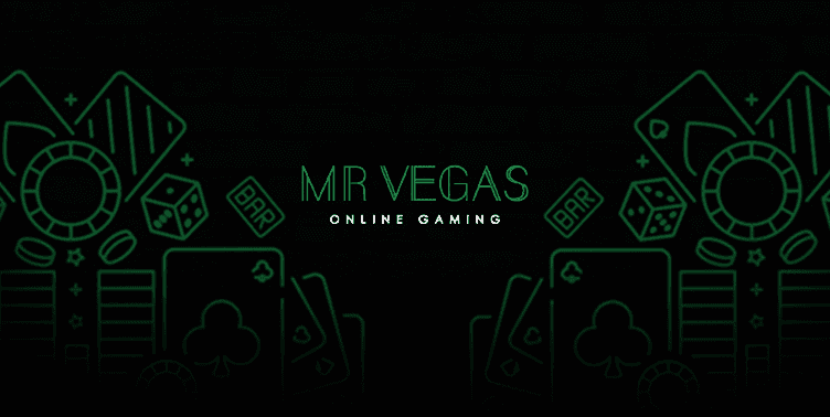 Svart bakgrund med grona spelkort, tarningar - text - Mr Vegas online gaming - recension casino