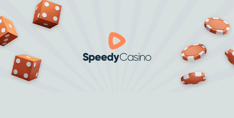 Ljusgra bakgrund med orange tarningar och casinomarker - SpeedyCasino - recension
