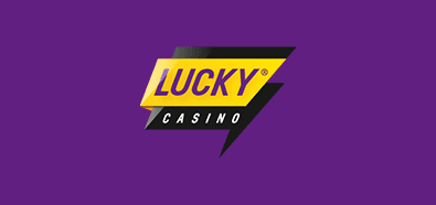Lila bakgrund - gul o svart logga med text LuckyCasino - kampanjer CasinoGuide.se