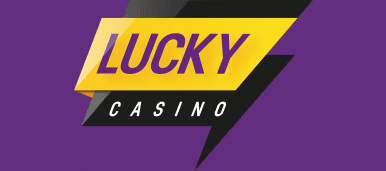 Lila bakgrund himmel - gul o svart logga med text LuckyCasino - kampanjer CasinoGuide.se