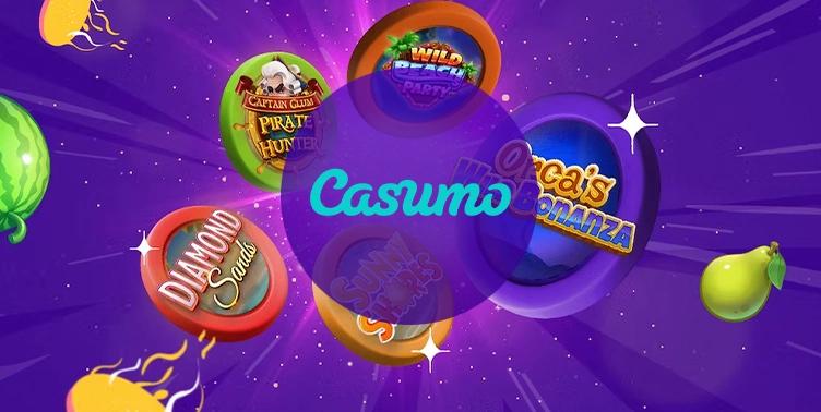 Lila bakgrund med olika spel i cirklar - Casumo Kampanjer