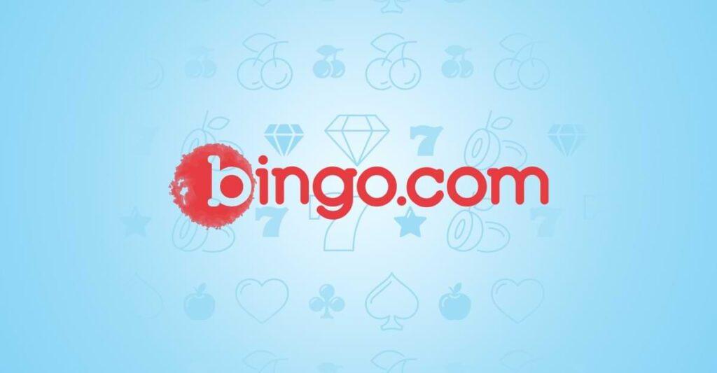 ljusbla bakgrund med slots-symboler - rod text Bingo.com - nyheter och kampanjer