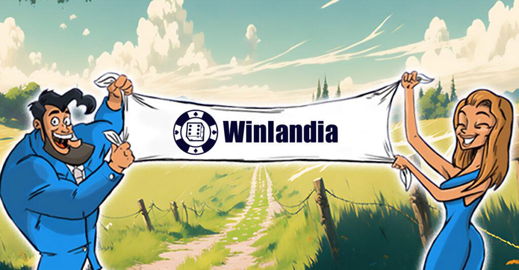 2 tecknade personer i blatt haller banderoll med Winlandia Casino