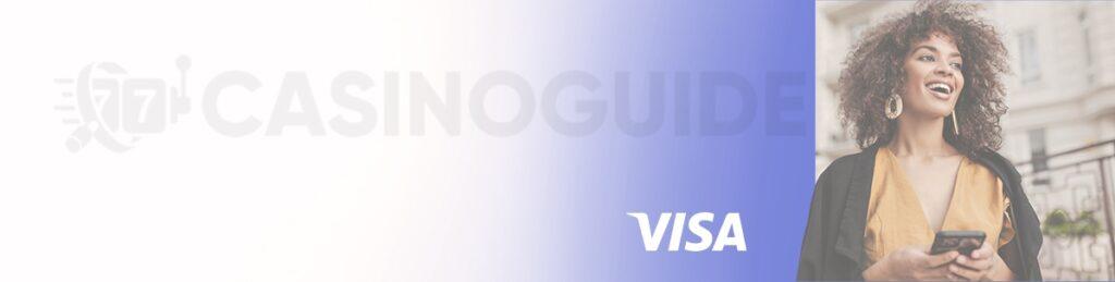 Banner med text o logga &amp; tjej med mobil - CasinoGuide VISA Casino - online guide