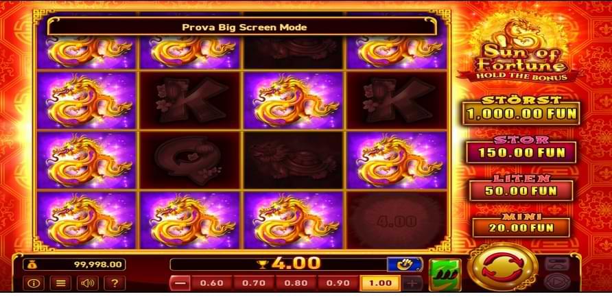Bilden visar Sun of Fortune Hold the bonus - drakar spelplan - spelautomat