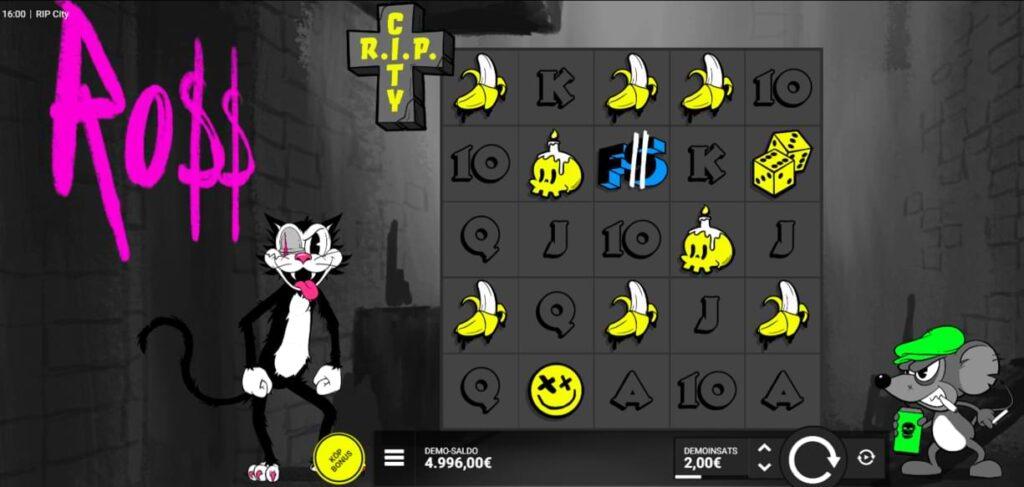 Katt o mus med gron keps - spelplan symboler bananer - RIP City Spelautomat